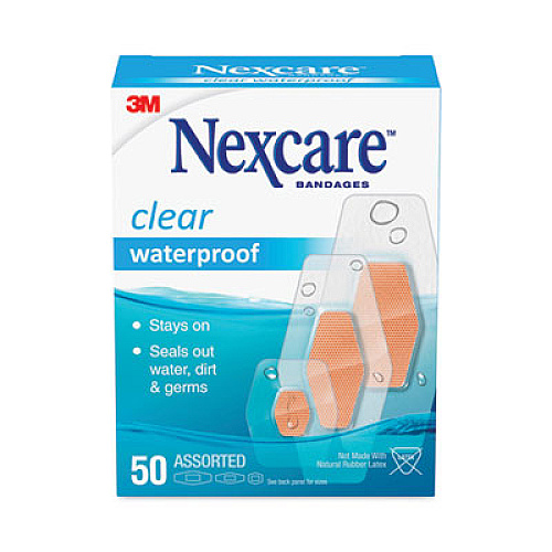 3M Nexcare Waterproof, Clear Bandages, Assorted Sizes, 50/Box (43250)