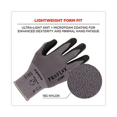 ergodyne ProFlex 7000 Nitrile-Coated Gloves Microfoam Palm, EN388: 4121A, 9" Long, Large, Gray, 12 Pairs (10364)