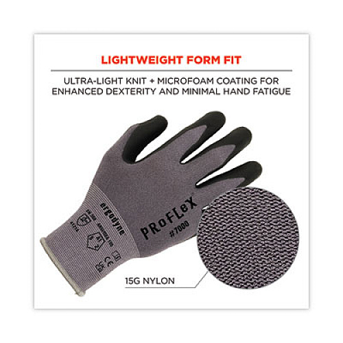ergodyne ProFlex 7000 Nitrile-Coated Gloves Microfoam Palm, EN388: 4121A, 9" Long, Small, Gray, Pair (10372)