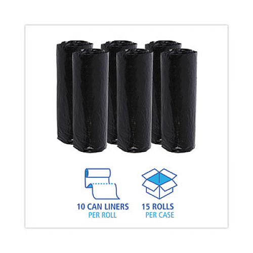 Boardwalk Low-Density Waste Can Liners, 16 gal, 1 mil, 24" x 32", Black, Perforated Roll, 10 Bags/Roll, 15 Rolls/Carton (510)
