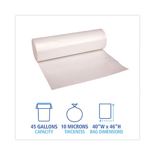 Boardwalk High-Density Can Liners, 45 gal, 10 mic, 40" x 46", Natural, Perforated Roll, 25 Bags/Roll, 10 Rolls/Carton (404612)