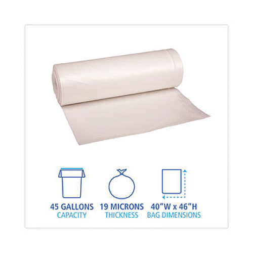 Boardwalk High-Density Can Liners, 45 gal, 19 mic, 40" x 46", Natural, Perforated Roll, 25 Bags/Roll, 6 Rolls/Carton (404622)