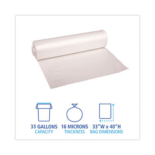 Boardwalk High Density Industrial Can Liners Coreless Rolls, 33 gal, 16 mic, 33" x 40", Natural, Perforated, 25 Bags/Roll, 10 Rolls/CT (RH3340S)