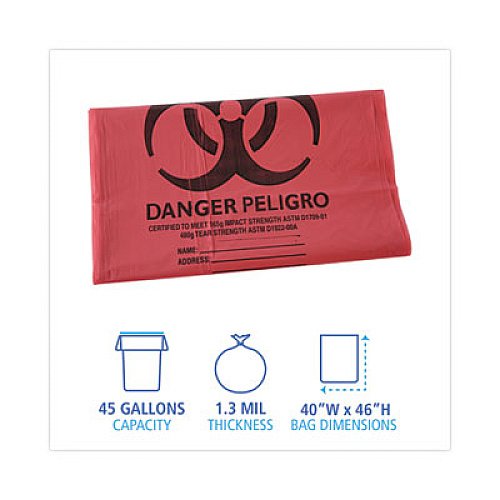 Boardwalk Linear Low Density Health Care Trash Can Liners, 45 gal, 1.3 mil, 40" x 46", Red, Flat Pack, 100/Carton (IW4046R)