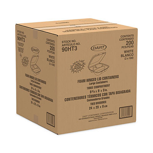 Dart Insulated Foam Hinged Lid Containers, 3 Compartments, 9 x 9.4 x 3, White, 100/Sleeve, 2 Sleeves/Carton (90HT3)