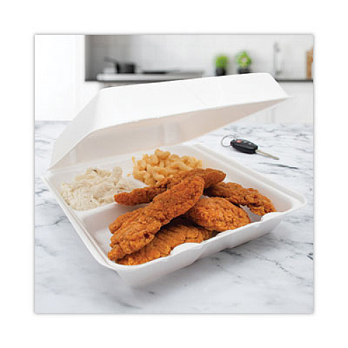 Dart Insulated Foam Hinged Lid Containers, 3 Compartments, 9.3 x 9.5 x 3, White, 100/Sleeve, 2 Sleeves/Carton (95HT3)