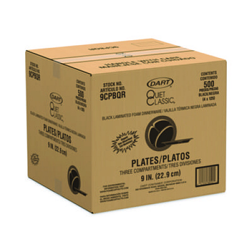 Dart Quiet Classic Laminated Foam Dinnerware, 3-Compartment Plate, 9" dia, Black, 125/Sleeve, 4 Sleeves/Carton (9CPBQR)