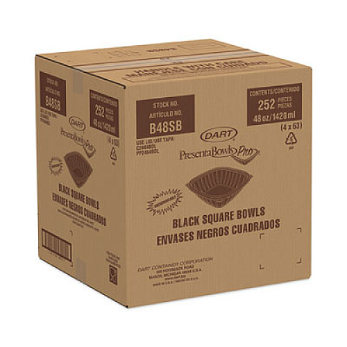Dart PresentaBowls Pro Black Square Bowls, 48 oz, 8.5 x 8.5 x 2.6, Plastic, 63/Bag, 4 Bags/Carton (B48SB)