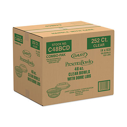 Dart PresentaBowls Bowl/Lid Combo-Paks, 48 oz, Clear, Plastic, 126/Carton (C48BCD)