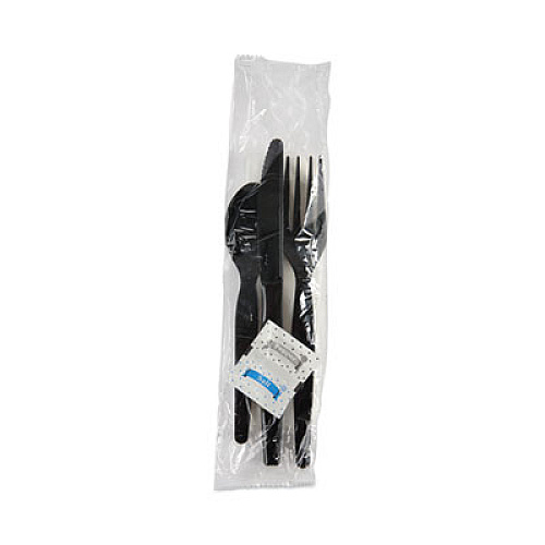 Boardwalk Six-Piece Cutlery Kit, Heavyweight, Fork/Knife/Napkin/Pepper/Salt/Spoon, Plastic, Black, 250/Carton (FKTNSHWPSBLA)
