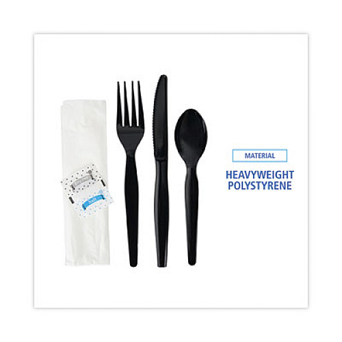 Boardwalk Six-Piece Cutlery Kit, Heavyweight, Fork/Knife/Napkin/Pepper/Salt/Spoon, Plastic, Black, 250/Carton (FKTNSHWPSBLA)