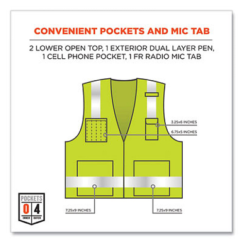 ergodyne GloWear 8262FRZ Class 2 FR Surveyor Zipper Vest, Tencel/Modacrylic/Para-aramid/Kevlar, Small/Medium, Lime (21483)
