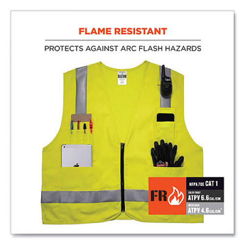 ergodyne GloWear 8262FRZ Class 2 FR Surveyor Zipper Vest, Tencel/Modacrylic/Para-aramid/Kevlar, Large/X-Large, Lime (21485)
