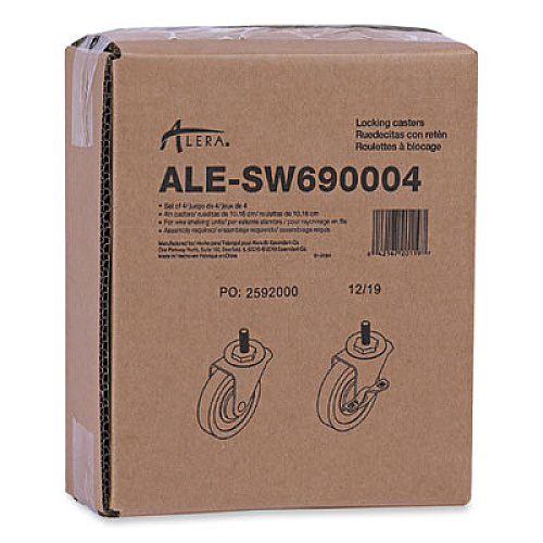 Alera Optional Casters for Wire Shelving, Grip Ring Type K Stem, 4" Wheel, Black/Silver, 4/Set (2 Locking) (SW690004)