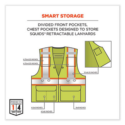 ergodyne GloWear 8231TV Class 2 Hi-Vis Tool Tethering Safety Vest, Polyester, Small/Medium, Lime (24173)