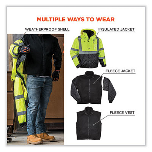ergodyne GloWear 8381 Class 3 Hi-Vis 4-in-1 Quilted Bomber Jacket, Lime, 4X-Large (25598)