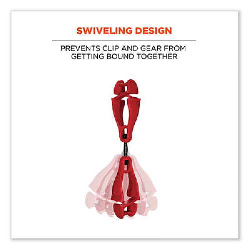 ergodyne Squids 3420 Dual Clip Swivel Glove Clip Holder, 1 x 0.6 x 5.5, Acetal Copolymer, Red,100/Pack (19513BULK)