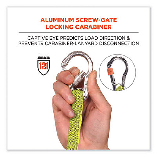 ergodyne Squids 3100 Lanyard with Aluminum Carabiner + Cinch-Loop, 10 lb Max Working Capacity, 42" to 54" Long, Lime (19013)