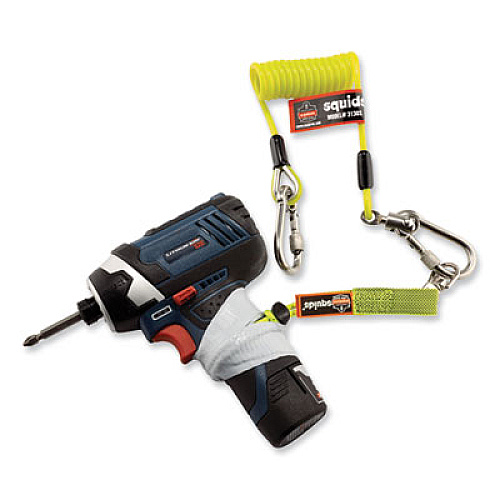 ergodyne Squids 3130S Coiled Cable Lanyard with Carabiners, 2 lb Max Working Capacity, 6.5" to 48" Long, Lime (19130)