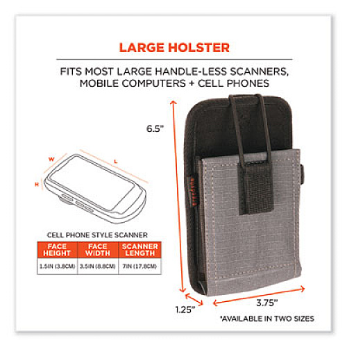 ergodyne Squids 5542 Phone Style Scanner Holster with Belt Loop, Large, 1 Compartment, 3.75 x 1.25 x 6.5, Polyester, Gray (19192)