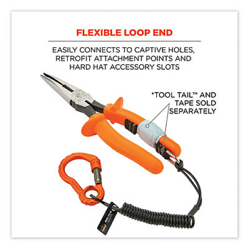 ergodyne Squids 3156 Coiled Tool Lanyard with Carabiner, 2 lb Max Work Capacity, 12" to 48", Black/Orange (19161)