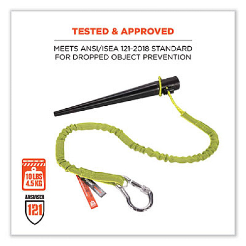 ergodyne Squids 3100 Lanyard with Aluminum Carabiner + Cinch-Loop, 10 lb Max Working Capacity, 42" to 54" Long, Lime (19013)