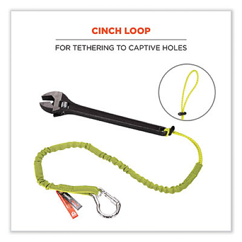 ergodyne Squids 3100 Lanyard with Aluminum Carabiner + Cinch-Loop, 10 lb Max Working Capacity, 42" to 54" Long, Lime (19013)