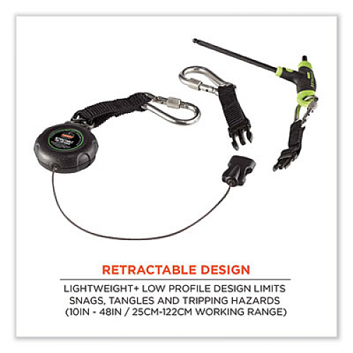 ergodyne Squids 3000 Retractable Tool Lanyard with Carabiner Anchor, 1 lb Working Capacity, 48" Long, Black (19300)