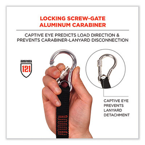ergodyne Squids 3105 Tool Lanyard with Aluminum Carabiner + Cinch-Loop, 15 lb Max Working Capacity, 32" to 48" Long, Black, 10/Pack (19010)