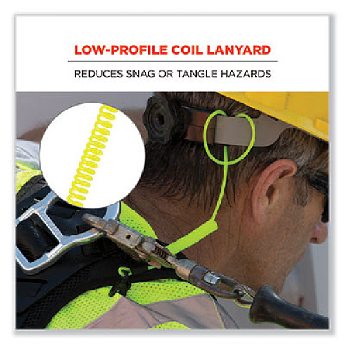ergodyne Squids 3158 Coiled Lanyard with Clamp, 2 lb Max Working Capacity, 12" to 48" Long, Lime (19159)