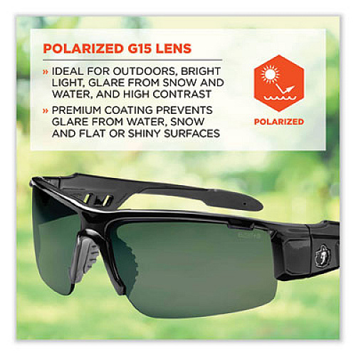 ergodyne Skullerz Dagr Safety Glasses, Black Half Frame, Polarized G15 Green Shade 3 VLT Single Lens (52071)