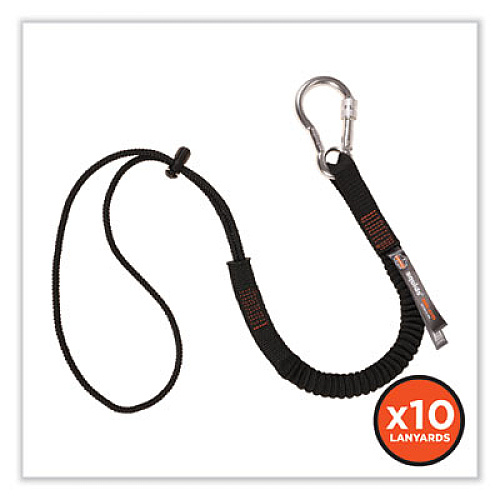 ergodyne Squids 3105 Tool Lanyard with Aluminum Carabiner + Cinch-Loop, 15 lb Max Working Capacity, 32" to 48" Long, Black, 10/Pack (19010)