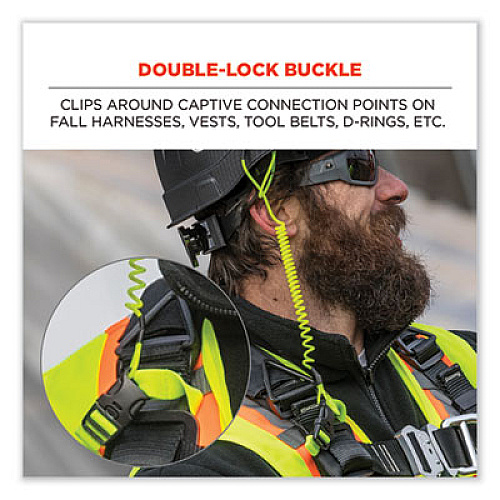 ergodyne Squids 3157 Coiled Lanyard with Buckle, 2 lb Max Working Capacity, 12" to 48" Long, Black (19156)