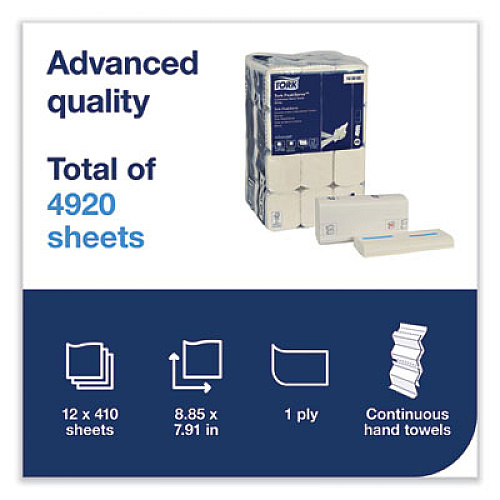 Tork PeakServe Continuous Hand Towel, 1-Ply, 7.91 x 8.85, White, 410 Wipes/Pack, 12 Packs/Carton (105065)