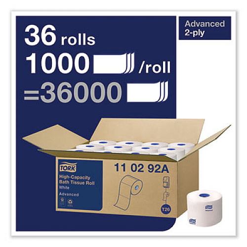 Tork Advanced High Capacity Bath Tissue, Septic Safe, 2-Ply, White, 1,000 Sheets/Roll, 36 Rolls/Carton (110292A)