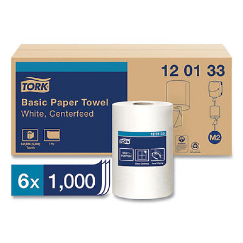Tork Advanced Centerfeed Hand Towel, 1-Ply, 8.25 x 11.8, White, 1,000/Roll, 6/Carton (120133)