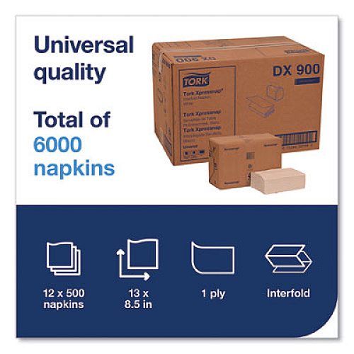 Tork Xpressnap Interfold Dispenser Napkins, 1-Ply, Bag-Pack, 13 x 8.5, White, 6,000/Carton (DX900)