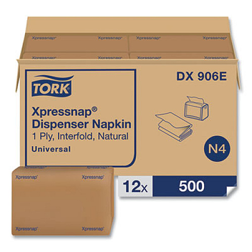 Tork Xpressnap Interfold Dispenser Napkins, 1-Ply, Bag-Pack, 13 x 8.5, Natural, 500/Pack, 12 Packs/Carton (DX906E)