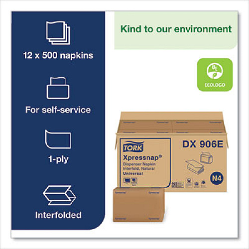 Tork Xpressnap Interfold Dispenser Napkins, 1-Ply, Bag-Pack, 13 x 8.5, Natural, 500/Pack, 12 Packs/Carton (DX906E)
