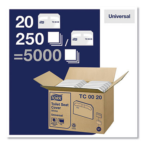 Tork Toilet Seat Cover, Half-Fold, 14.5 x 17, White, 250/Pack, 20 Packs/Carton (TC0020)