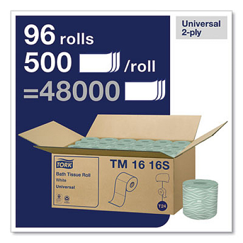 Tork Universal Bath Tissue, Septic Safe, 2-Ply, White, 500 Sheets/Roll, 96 Rolls/Carton (TM1616S)
