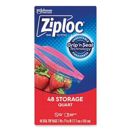 Ziploc Double Zipper Storage Bags, Triple System Seal, Quart, 9.63" x 8.5", Clear, 9/Carton (314469)