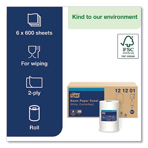 Tork Advanced Centerfeed Hand Towel, 2-Ply, 9 x 11.8, White, 600/Roll, 6/Carton (121201)