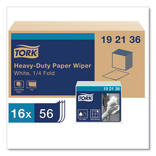 Tork Heavy-Duty Paper Wiper 1/4 Fold, 1-Ply, 12.5 x 13, White, 56/Pack, 16 Packs/Carton (192136)