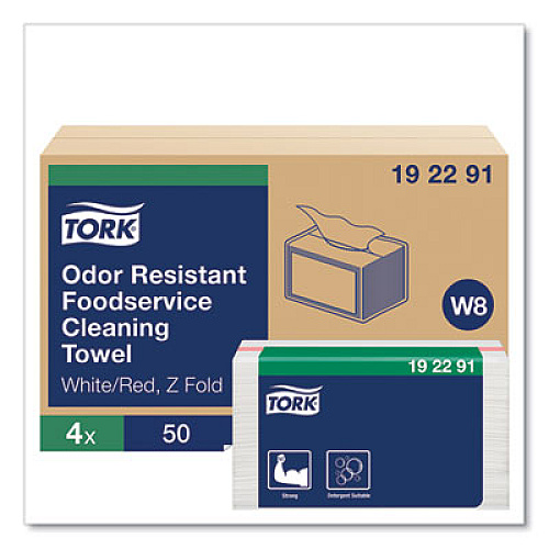 Tork Small Pack Foodservice Cloth, 1-Ply, 11.75 x 14.75, Unscented, White/Red Stripe, 50/Poly Pack, 4 Packs/Carton (192291)