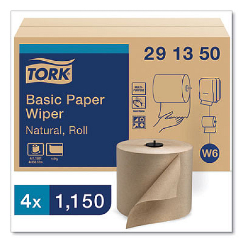 Tork Basic Paper Wiper Roll Towel, 1-Ply, 7.68" x 1,150 ft, Natural, 4 Rolls/Carton (291350)