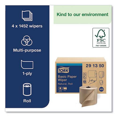 Tork Basic Paper Wiper Roll Towel, 1-Ply, 7.68" x 1,150 ft, Natural, 4 Rolls/Carton (291350)