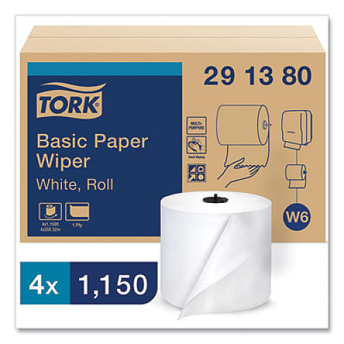 Tork Paper Wiper Roll Towel, 1-Ply, 7.68" x 1,150 ft, White, 4 Rolls/Carton (291380)