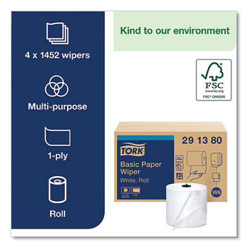 Tork Paper Wiper Roll Towel, 1-Ply, 7.68" x 1,150 ft, White, 4 Rolls/Carton (291380)
