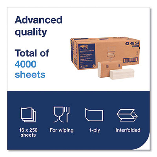 Tork Advanced Multifold Hand Towel, 1-Ply, 9 x 9.5, White, 250/Pack, 16 Packs/Carton (424824)